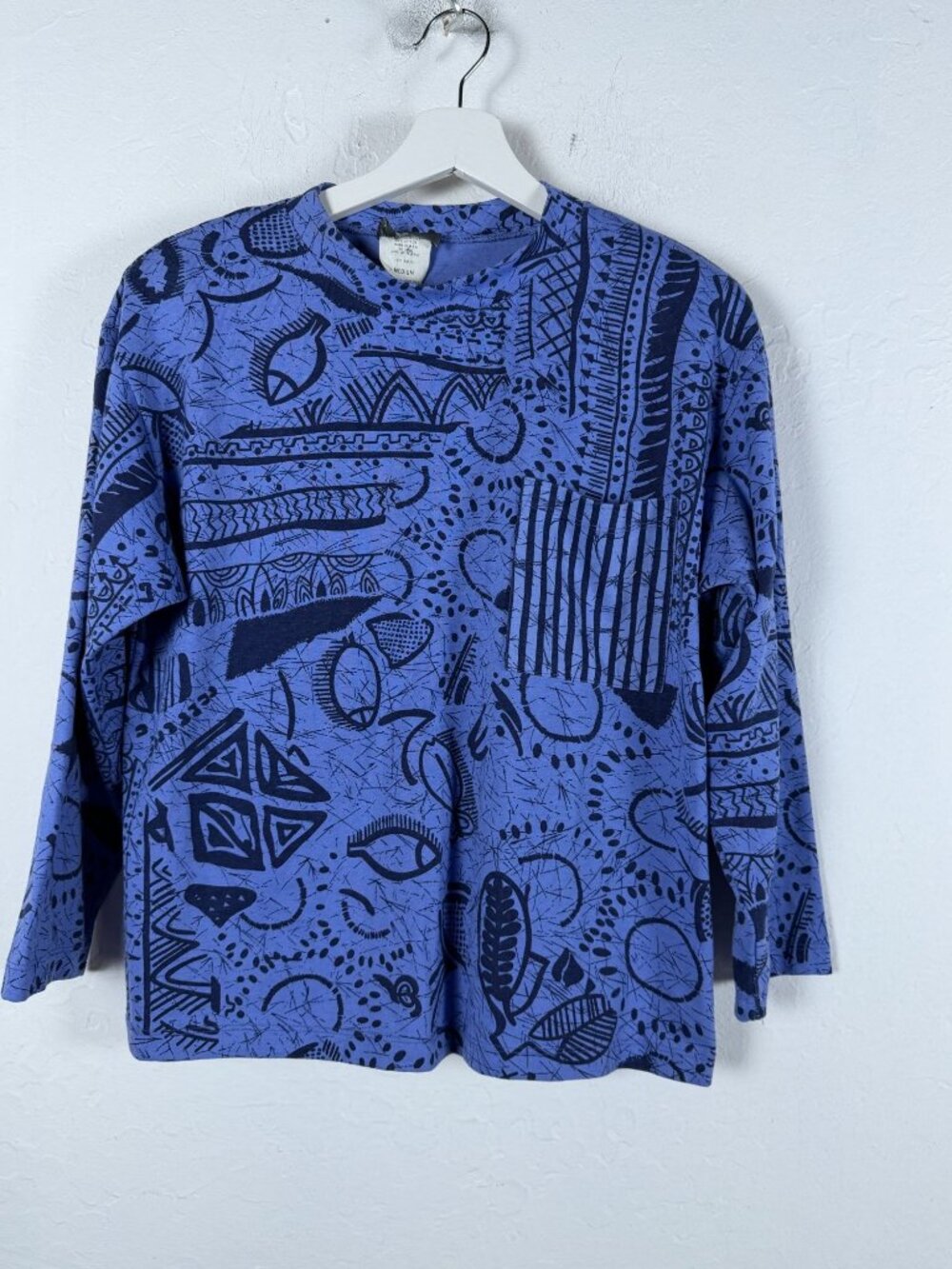 Vintage 90s Fritzi Womens Blue Abstract Fish Tribal Print Long Sleeve Top Medium